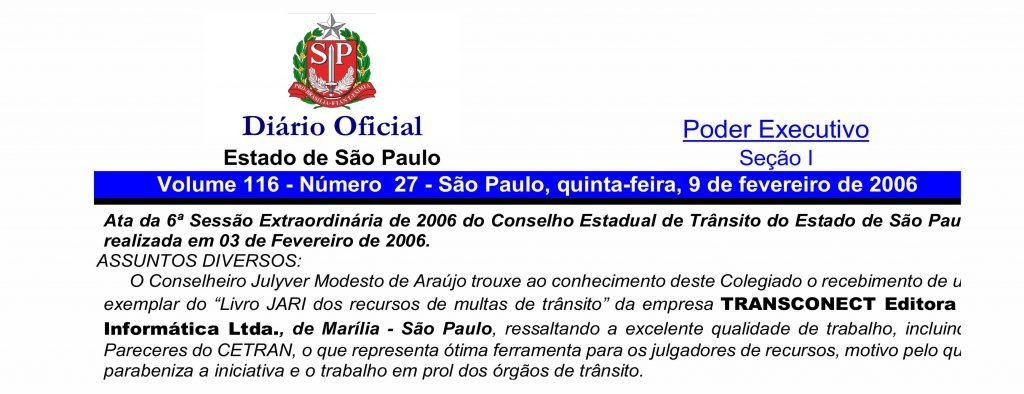 Ata da 6ª Sessão Extraordinária de 2006 do Conselho Estadual de Trânsito de São Paulo publicada no Diário Oficial, destacando o Livro JARI da Transconect Editora Informática.
