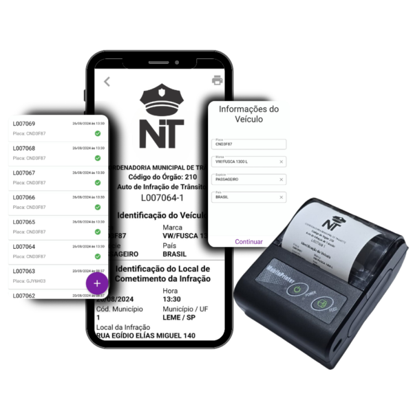 Talonário Eletrônico mostrando detalhes de autuações de trânsito e impressão de multas em tempo real.